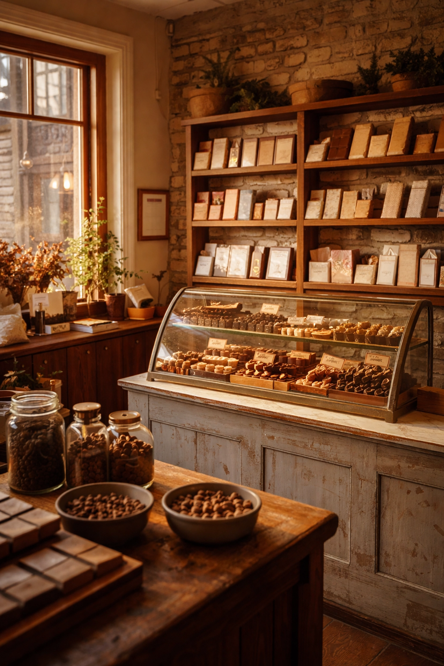Interior of an artisan chocolate shop with rustic shelves and handcrafted chocolate bars on display, showcasing the variety and atmosphere of specialty chocolate retail in 2026.