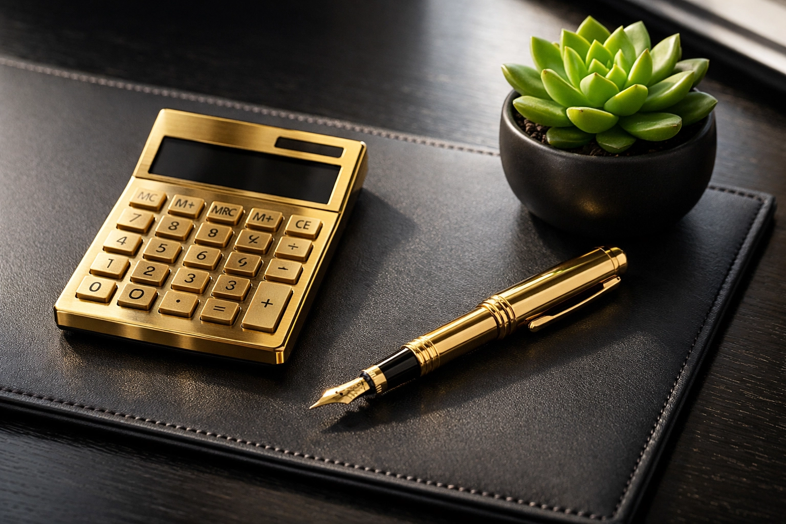 Gold calculator and pen on a matte black desk representing precise tenancy deposit calculations.