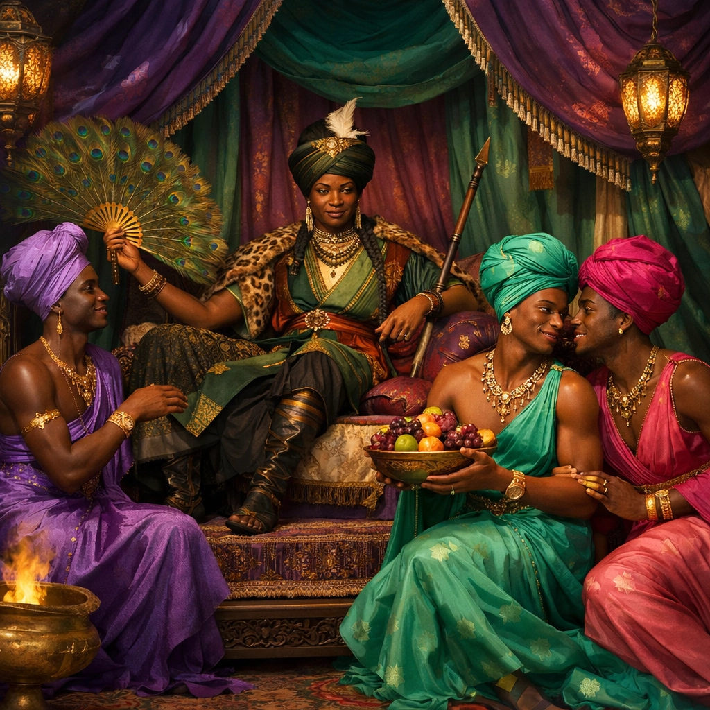 Queen Nzinga with her male concubines, known as chibados, wearing feminine silk gowns in a royal tent.