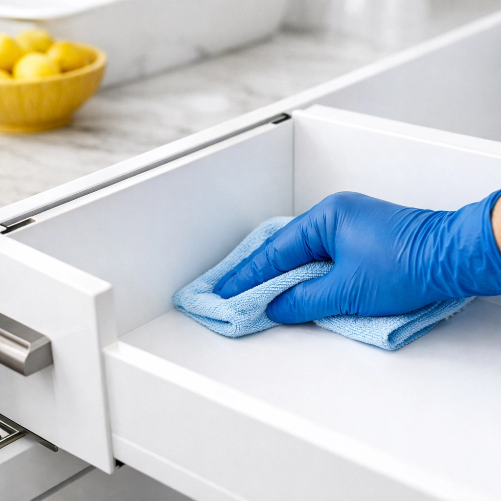 Professional move-out cleaning Worcester service cleaning inside kitchen cabinets and drawers.