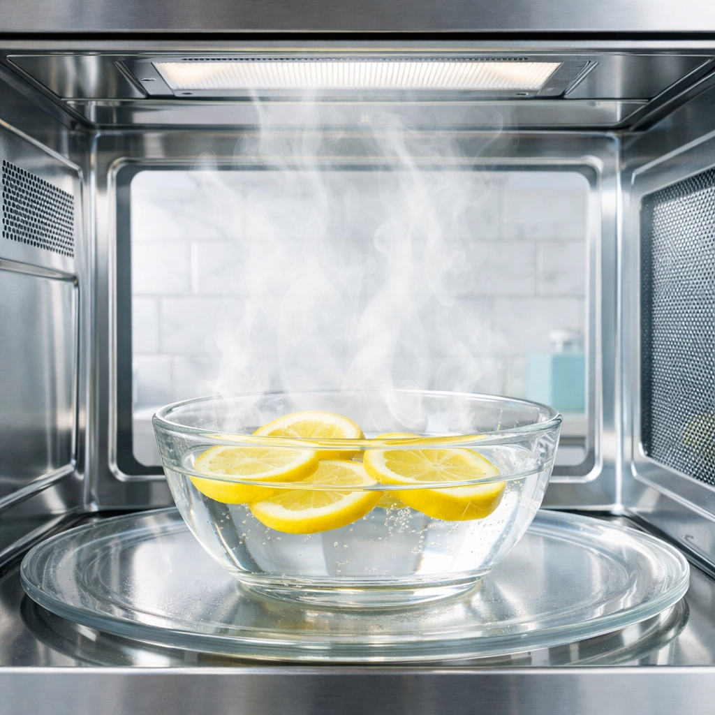 Steam cleaning a stainless steel microwave using a bowl of water and fresh lemon slices to loosen grime.