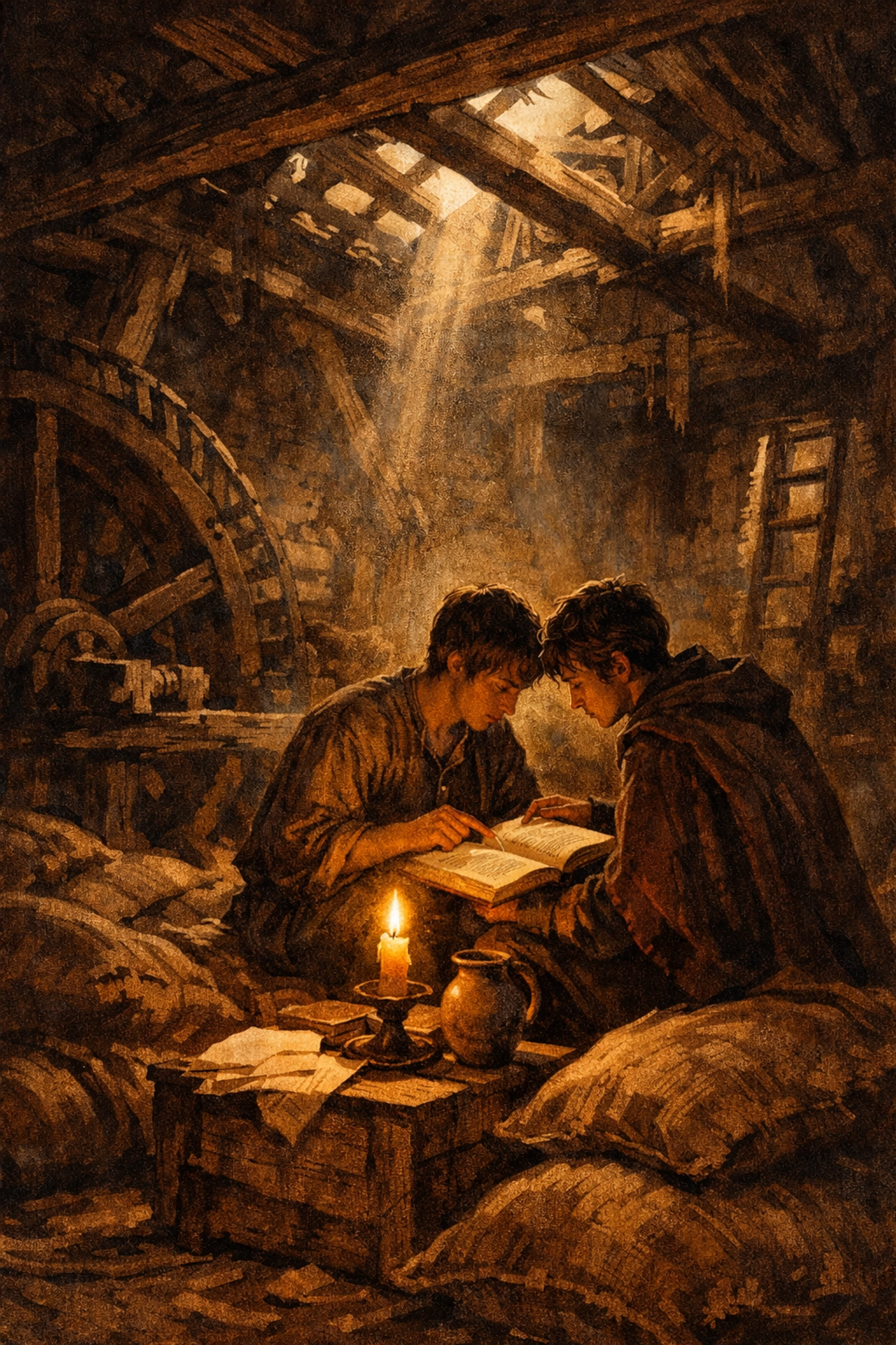 Knight teaching peasant to read in abandoned mill - medieval gay love story