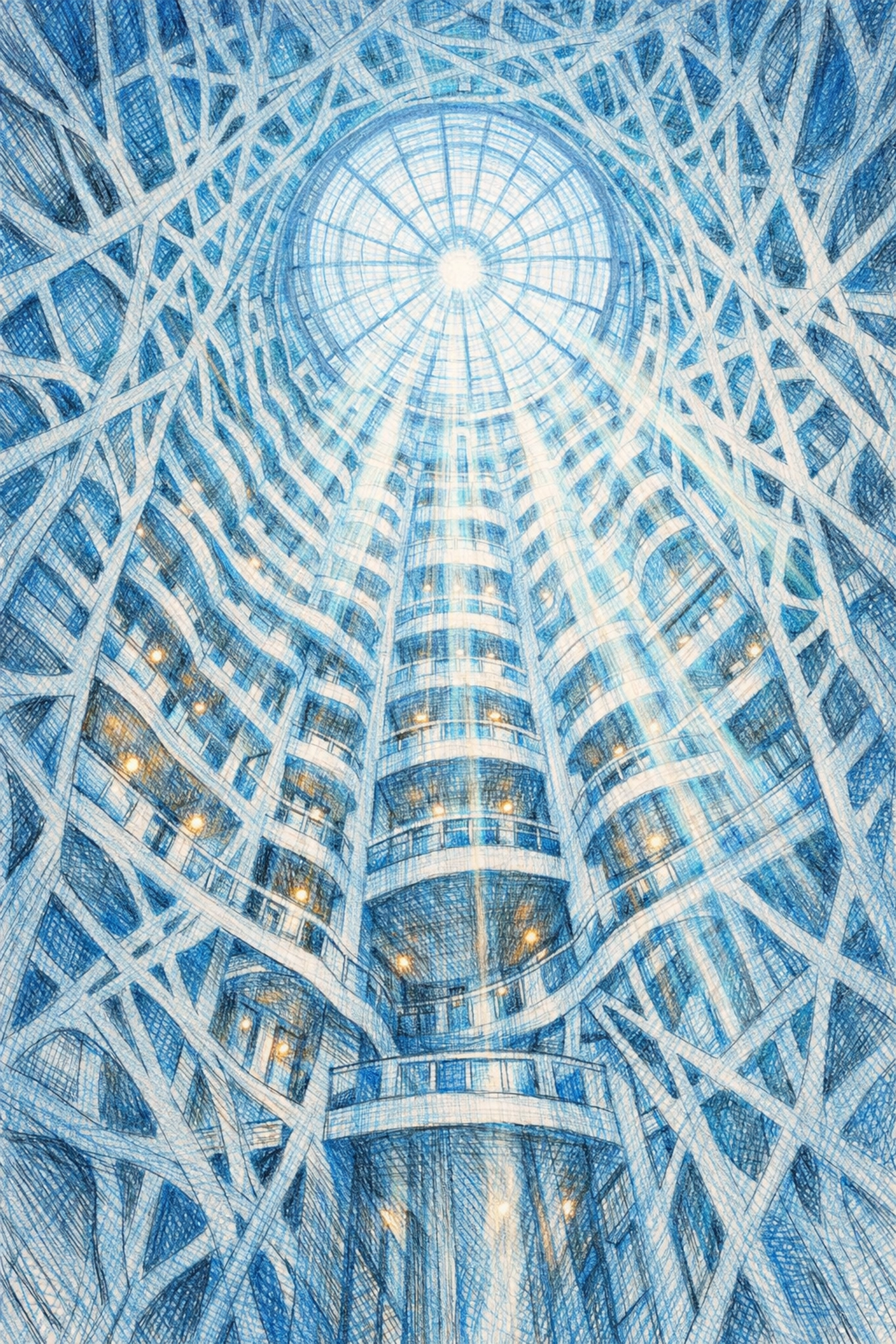 Modern hotel architecture showing a soaring multi-story atrium with a lattice web design.