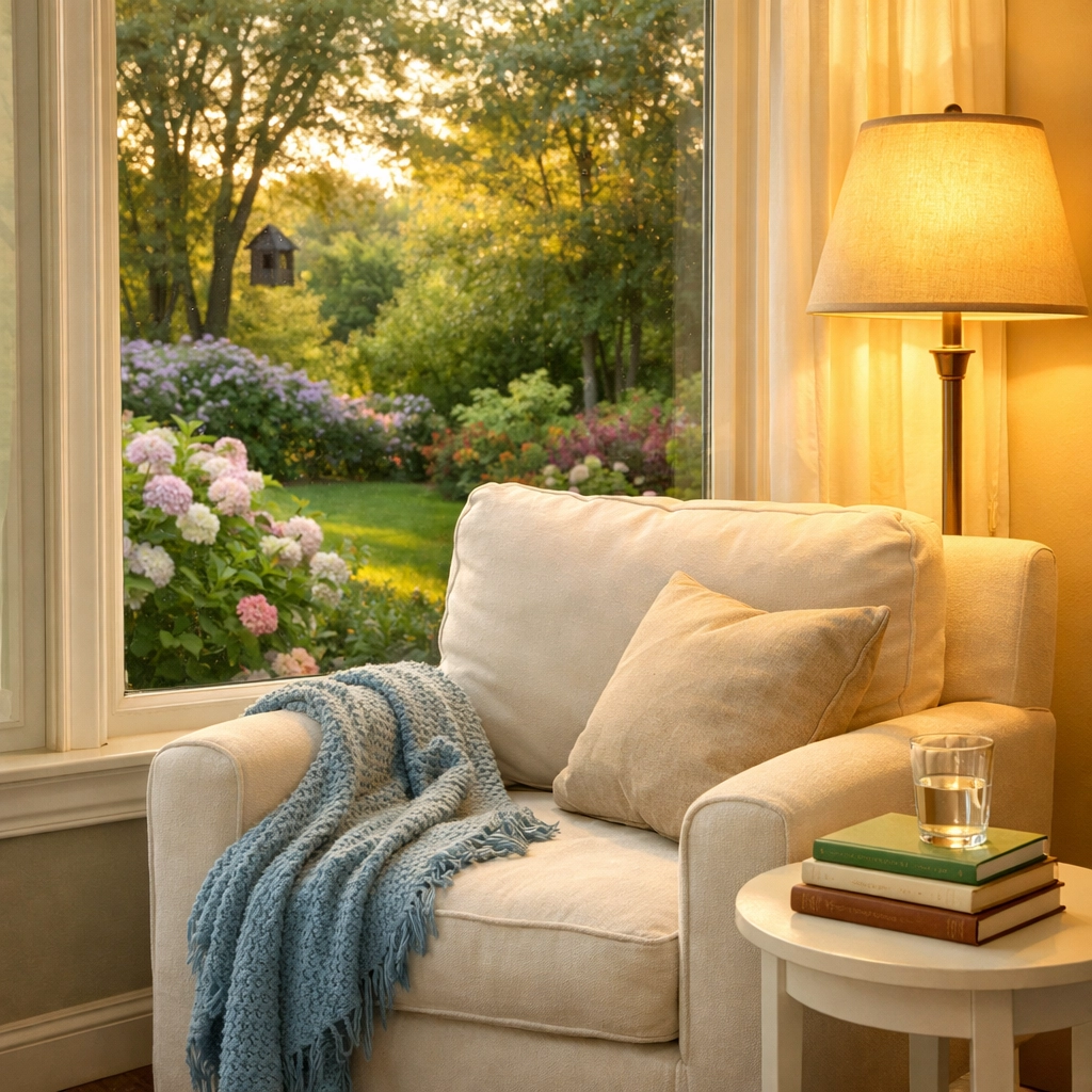 Peaceful and tidy reading nook in a Mashpee home overlooking a lush garden landscape.