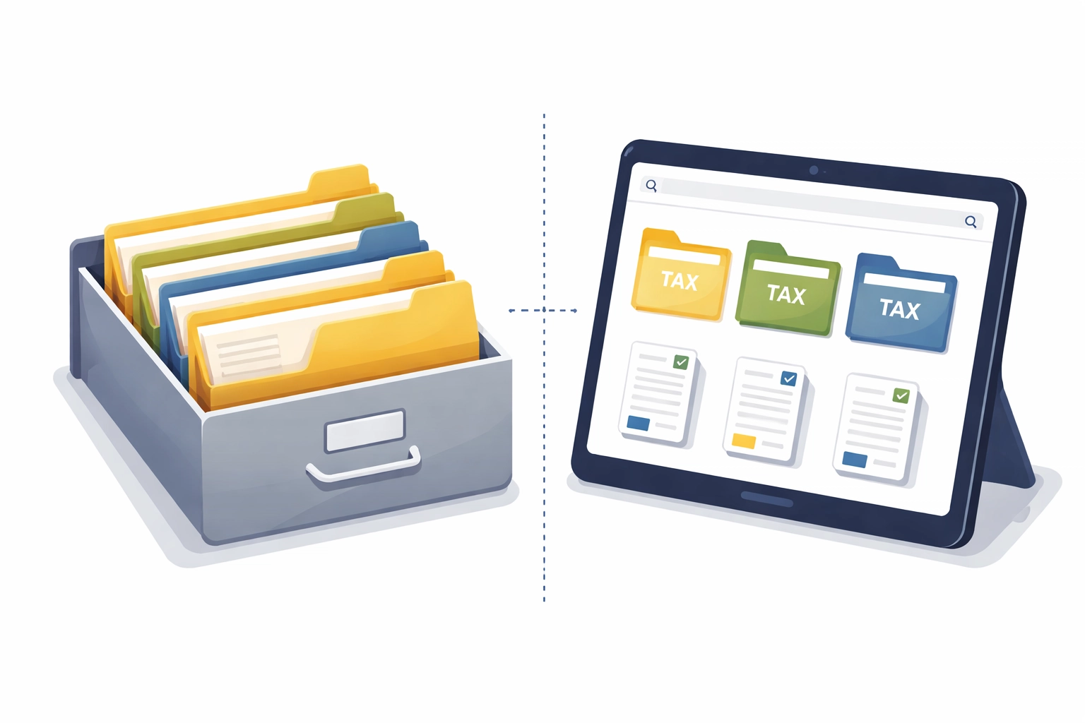 Comparison of physical file folders and digital tablet showing tax document organization methods