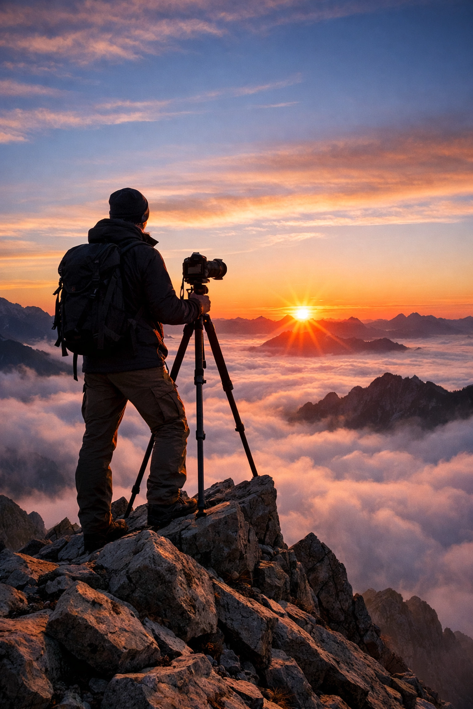Photographer on a mountain peak at dawn, exploring one of the best photography locations for landscapes.