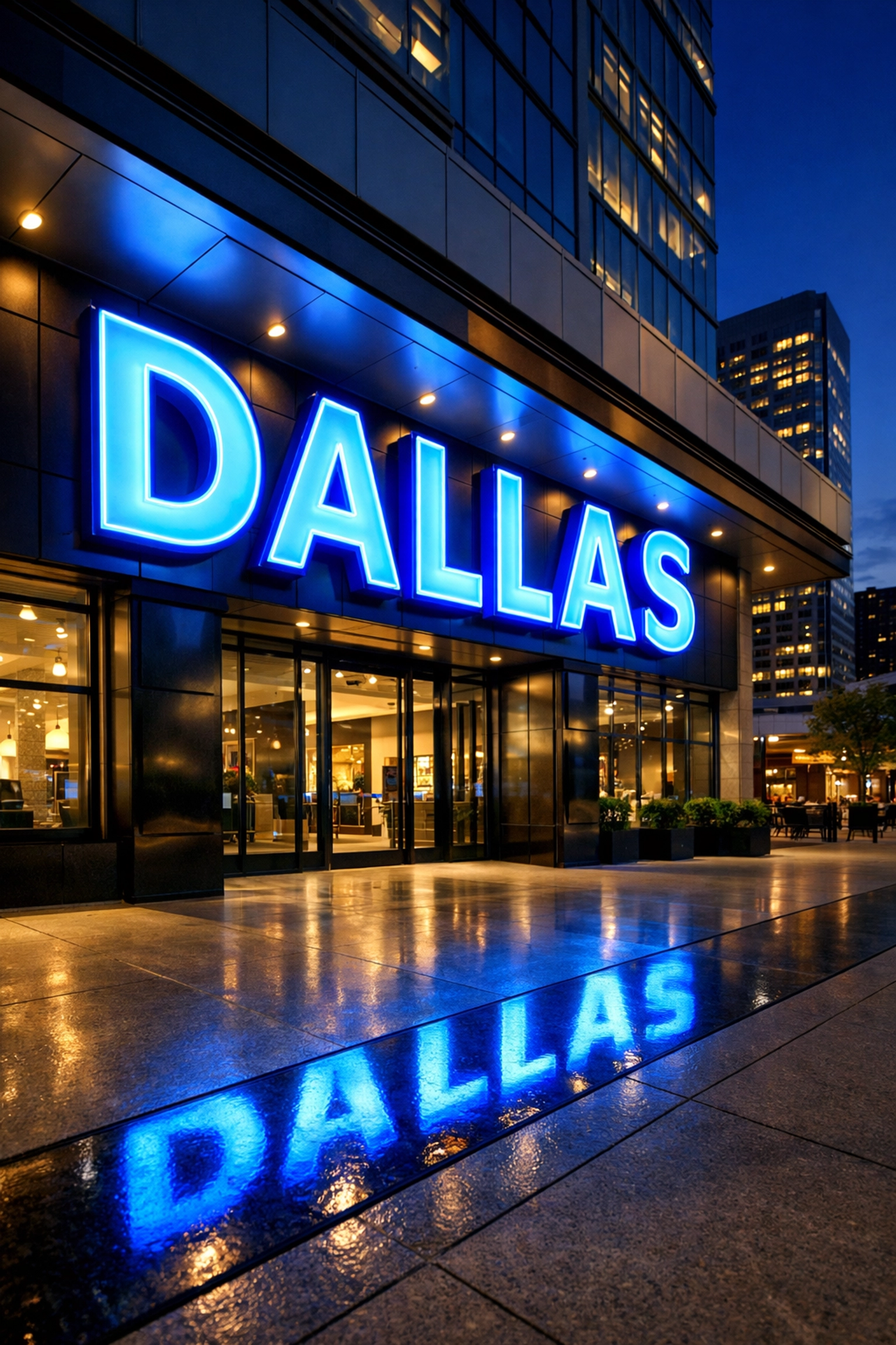 Professional 3D channel letter sign glowing blue on a modern Dallas storefront at twilight.