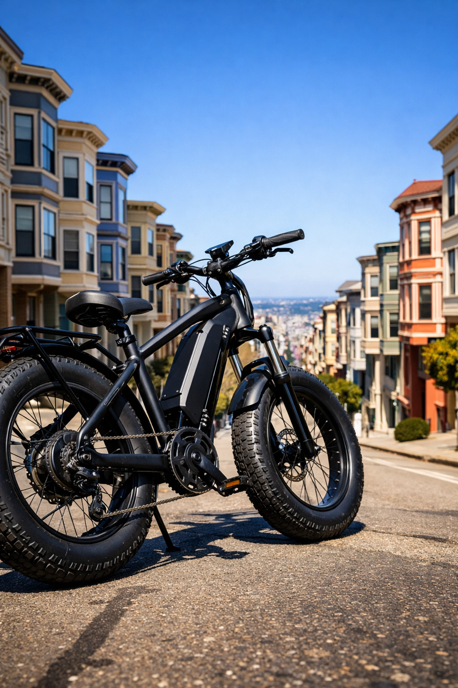 A matte-black electric bike rental parked on a steep san francisco street with victorian houses.