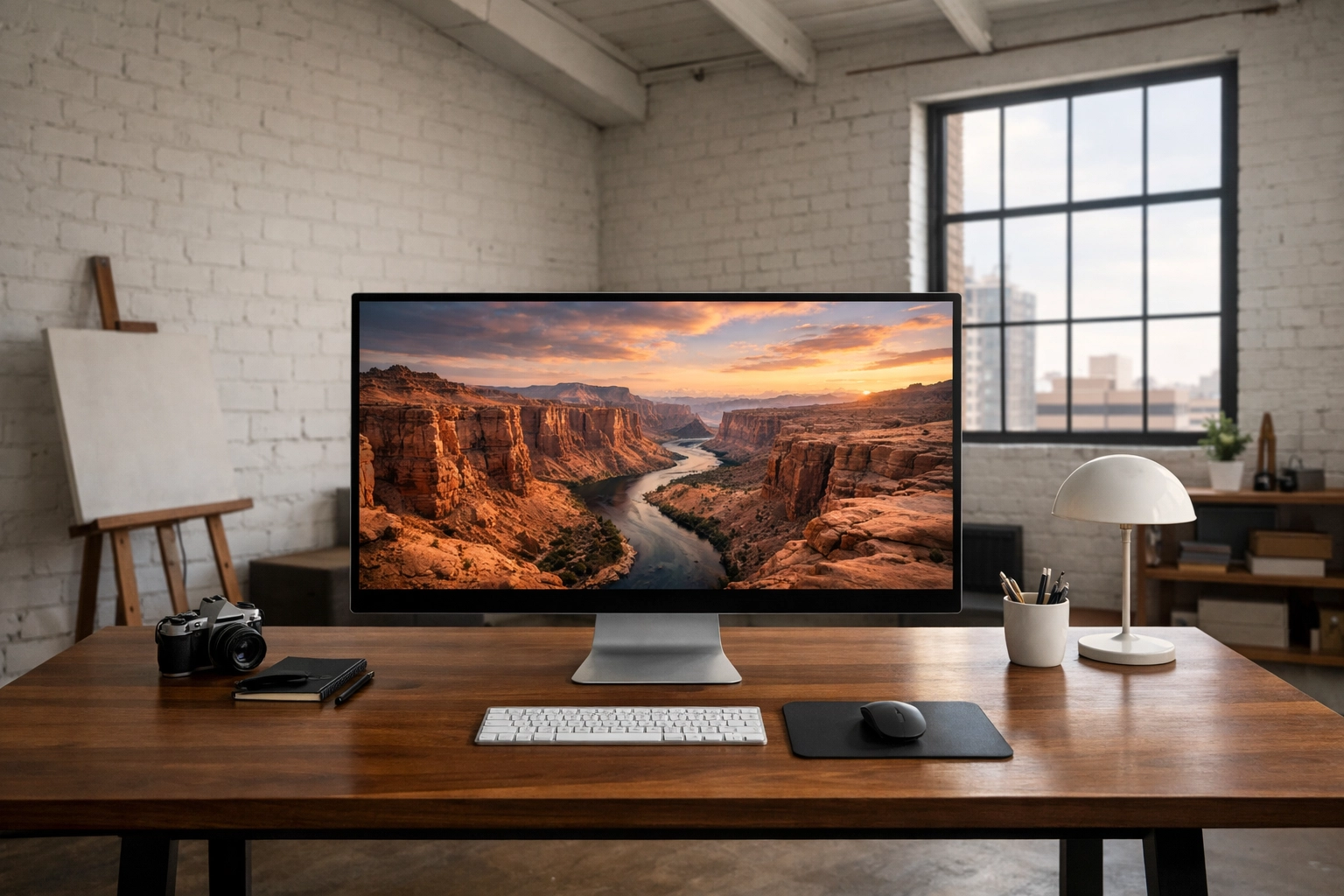 Clean minimalist photography studio with professional editing equipment and high-resolution portfolio images.