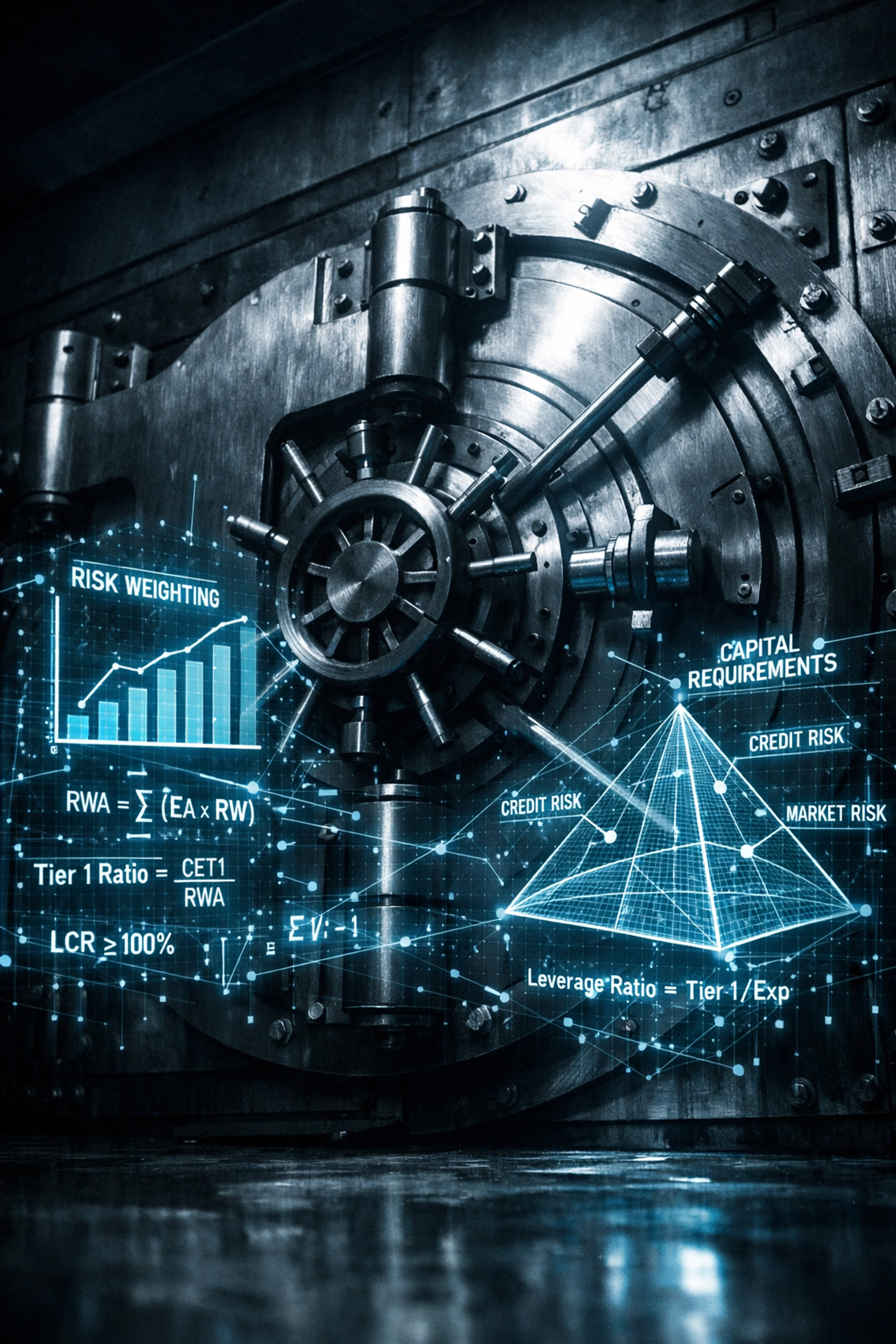 Bank vault door with digital financial charts representing bank credit restrictions and Basel III risk-sensitivity.