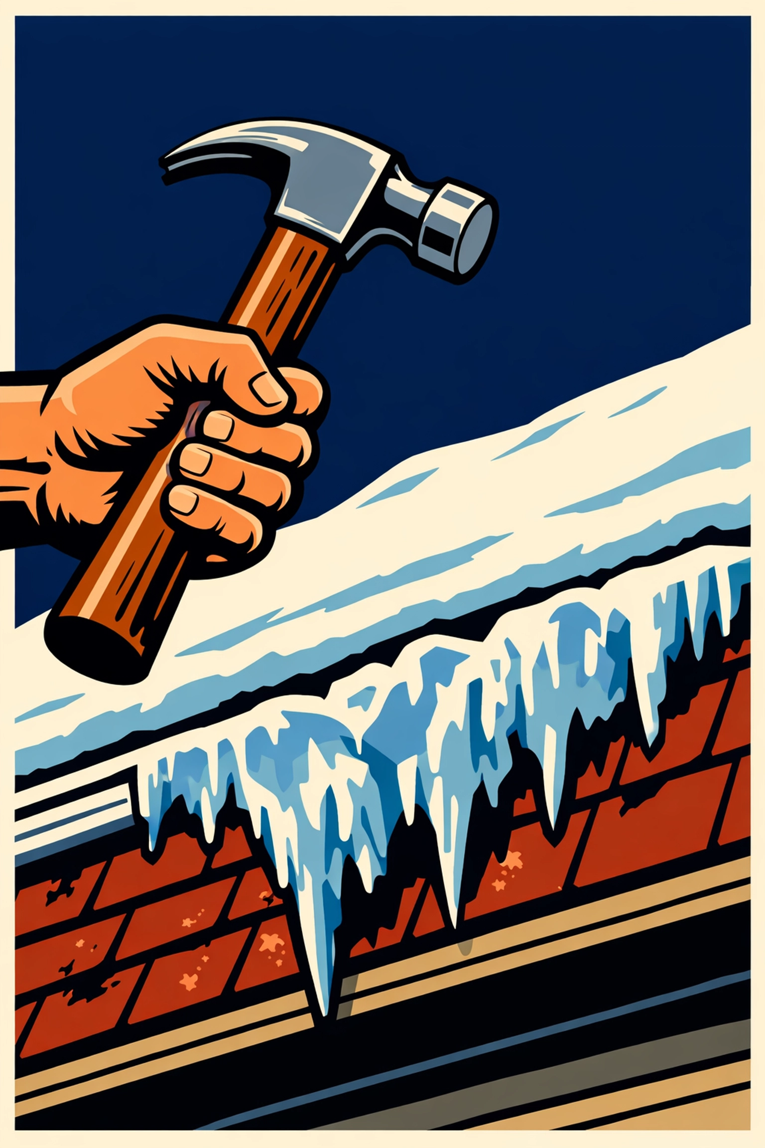 Vintage illustration of a hammer poised to strike a thick ice dam on a shingled roof edge.