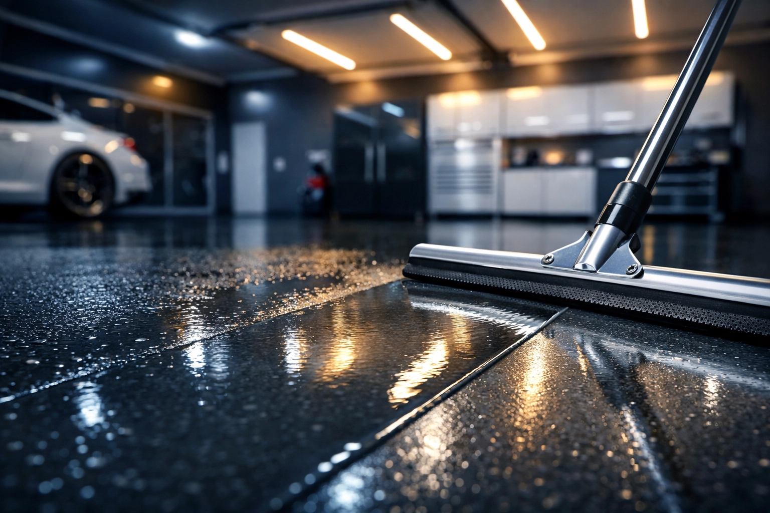 Using a squeegee to dry a clean epoxy garage floor for a streak-free finish.