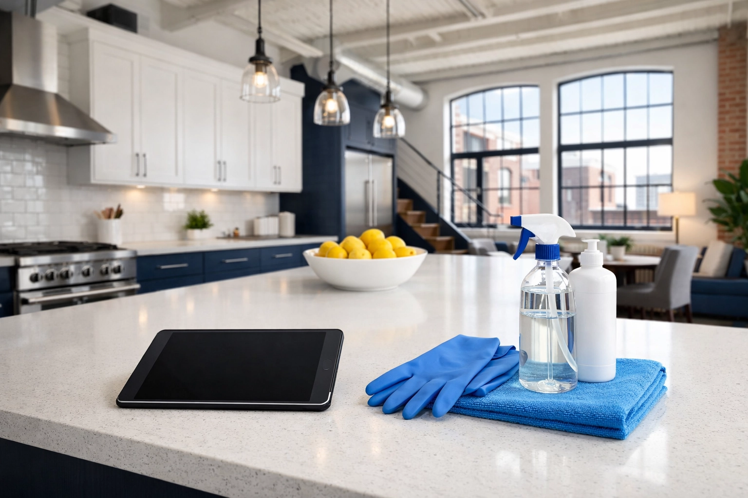 Professional cleaning checklist and supplies for move-in move-out cleaning Lowell in a modern kitchen.