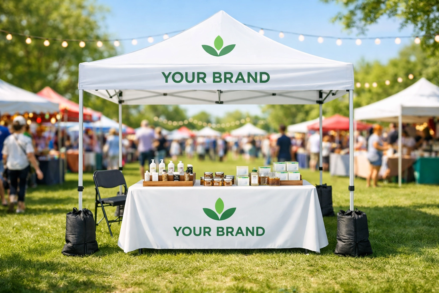 Complete event booth setup with custom canopy tent and branded tablecloth at spring festival