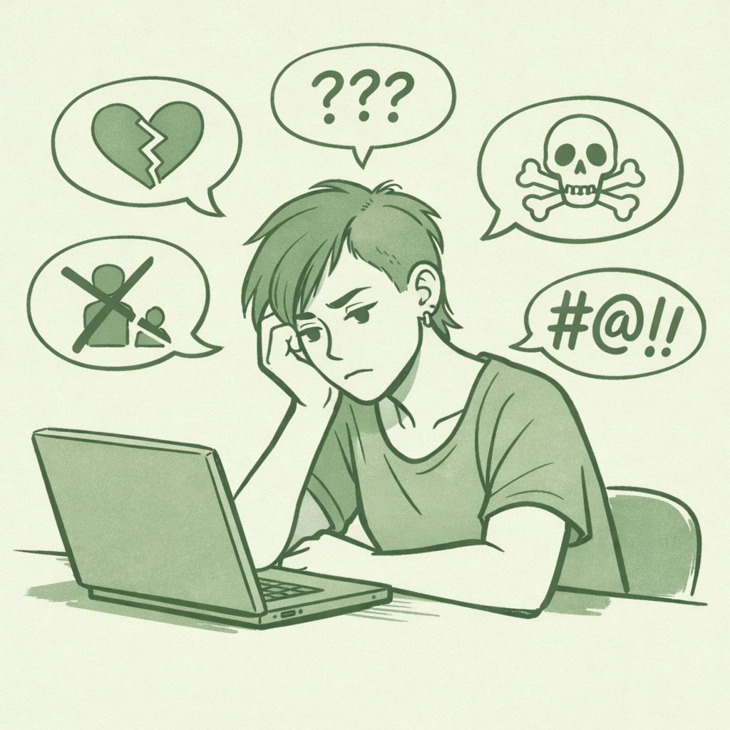 Non-binary influencer facing online harassment and microaggressions at their desk