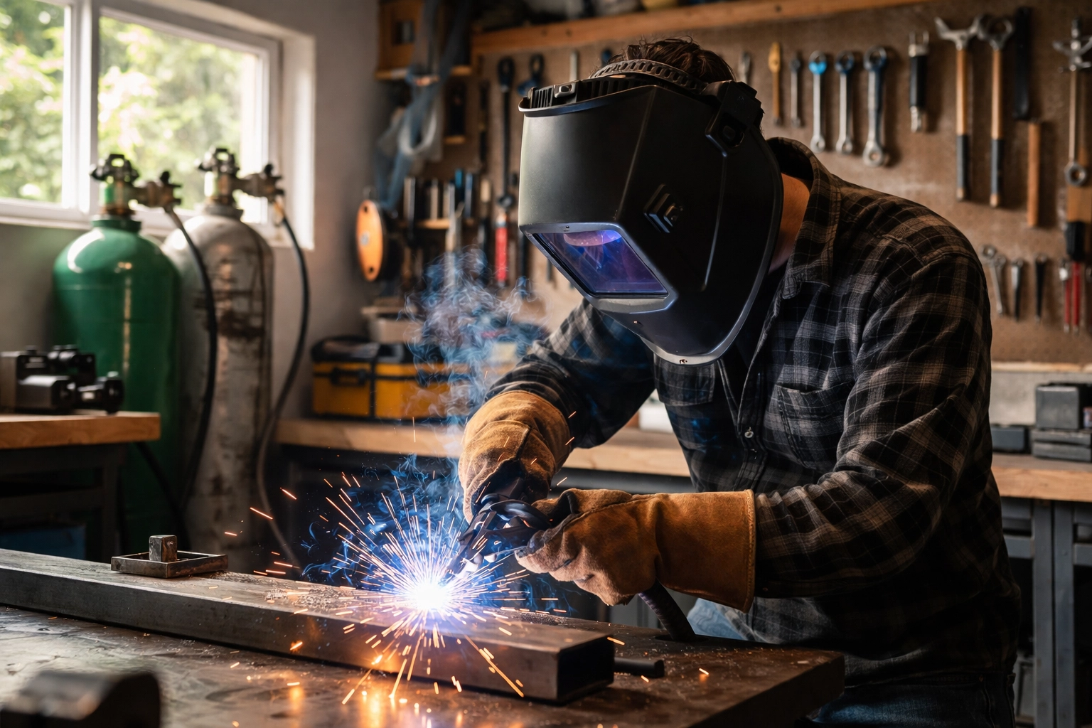 Person MIG welding in a tidy garage, gas cylinders displayed, illustrating gases in DIY workshops