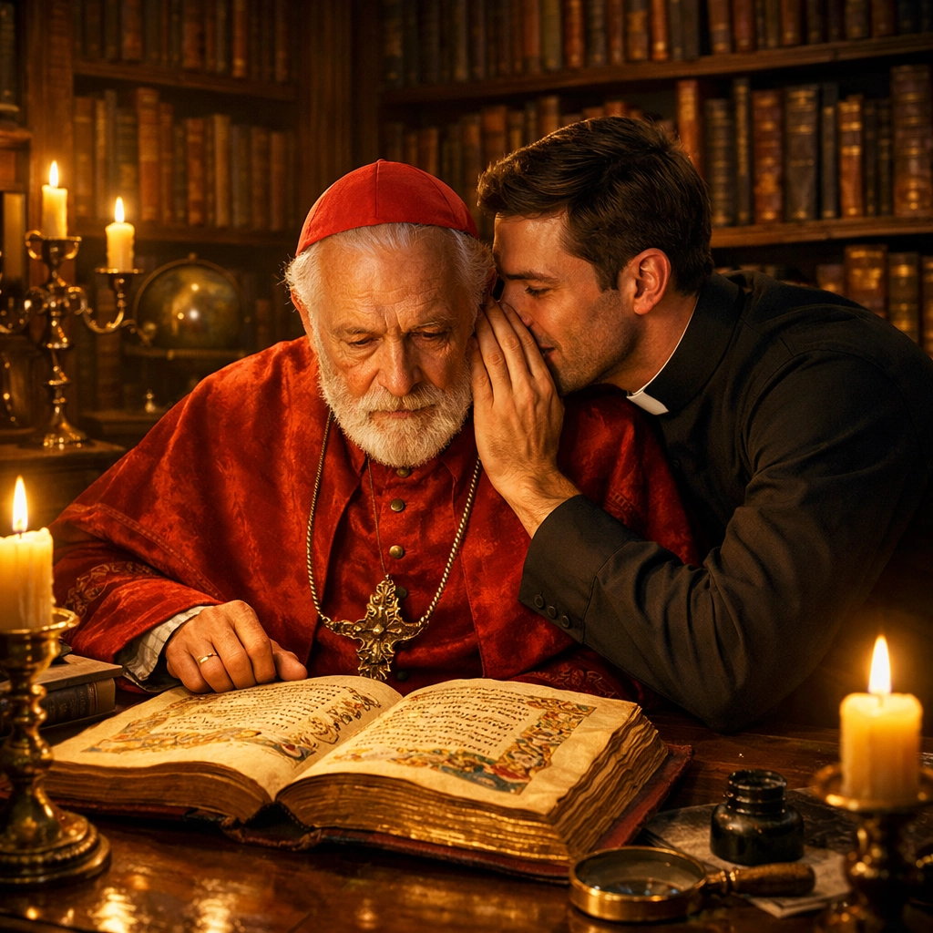 An older cardinal and a younger man whispering in a library, depicting secret identities in gay romance novels.