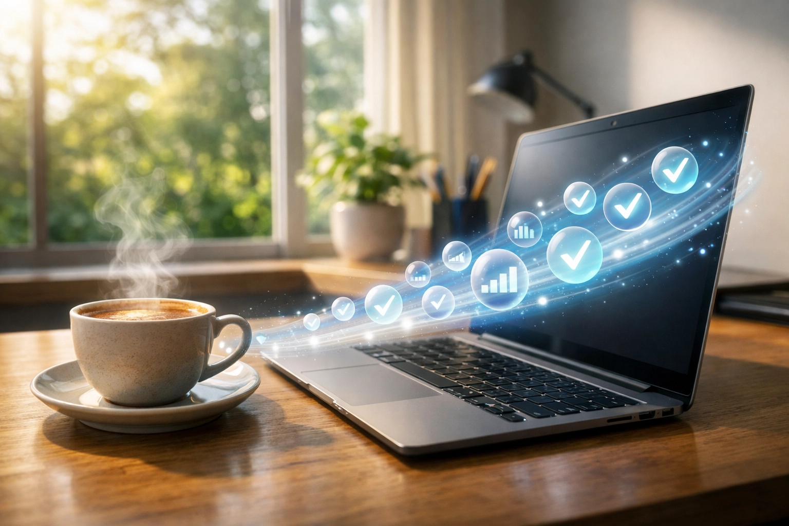 Modern workspace with a laptop completing automated support tasks, illustrating efficient helpdesk workflows.