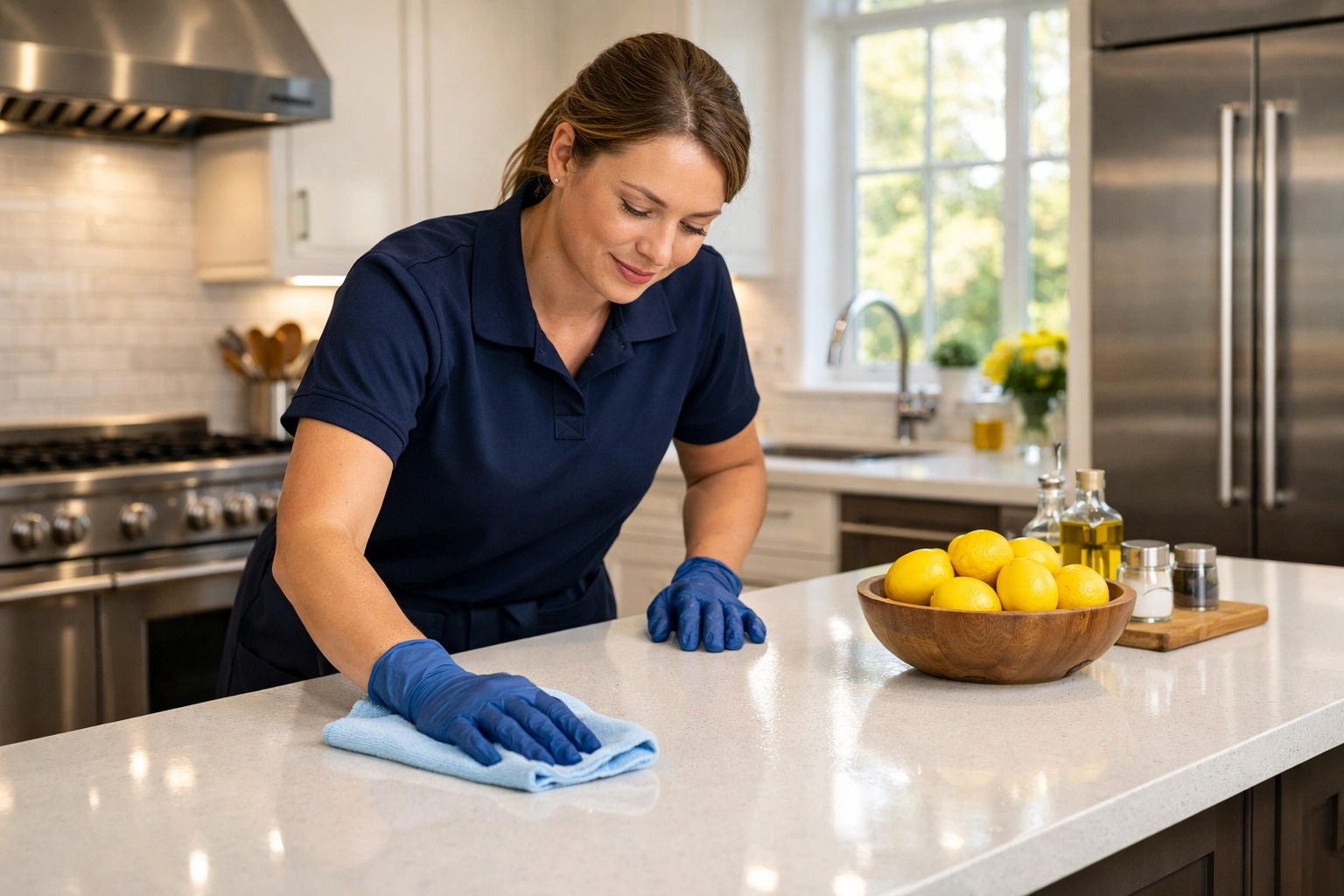 Professional cleaner performing recurring house cleaning in a bright, modern Westborough kitchen.