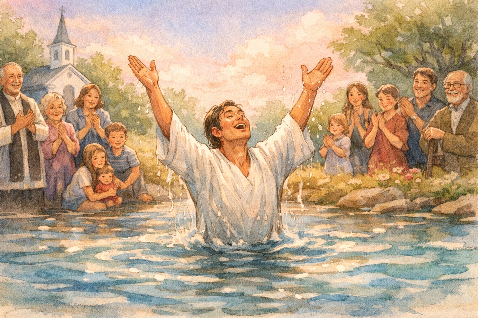 Water baptism celebration with church community celebrating a new believer's public declaration of faith