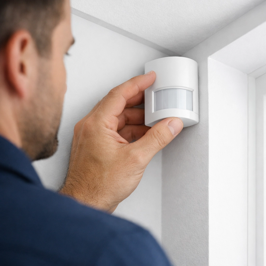 Expert installation of a modern PIR motion sensor as part of a Worcester intruder alarm system.