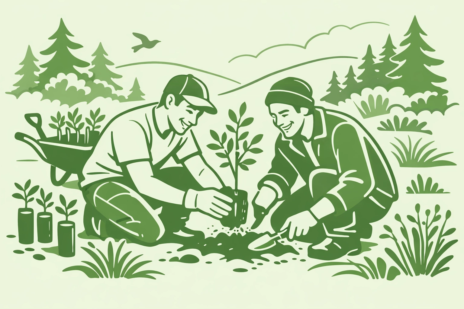Queer couple planting trees for environmental restoration and conservation work