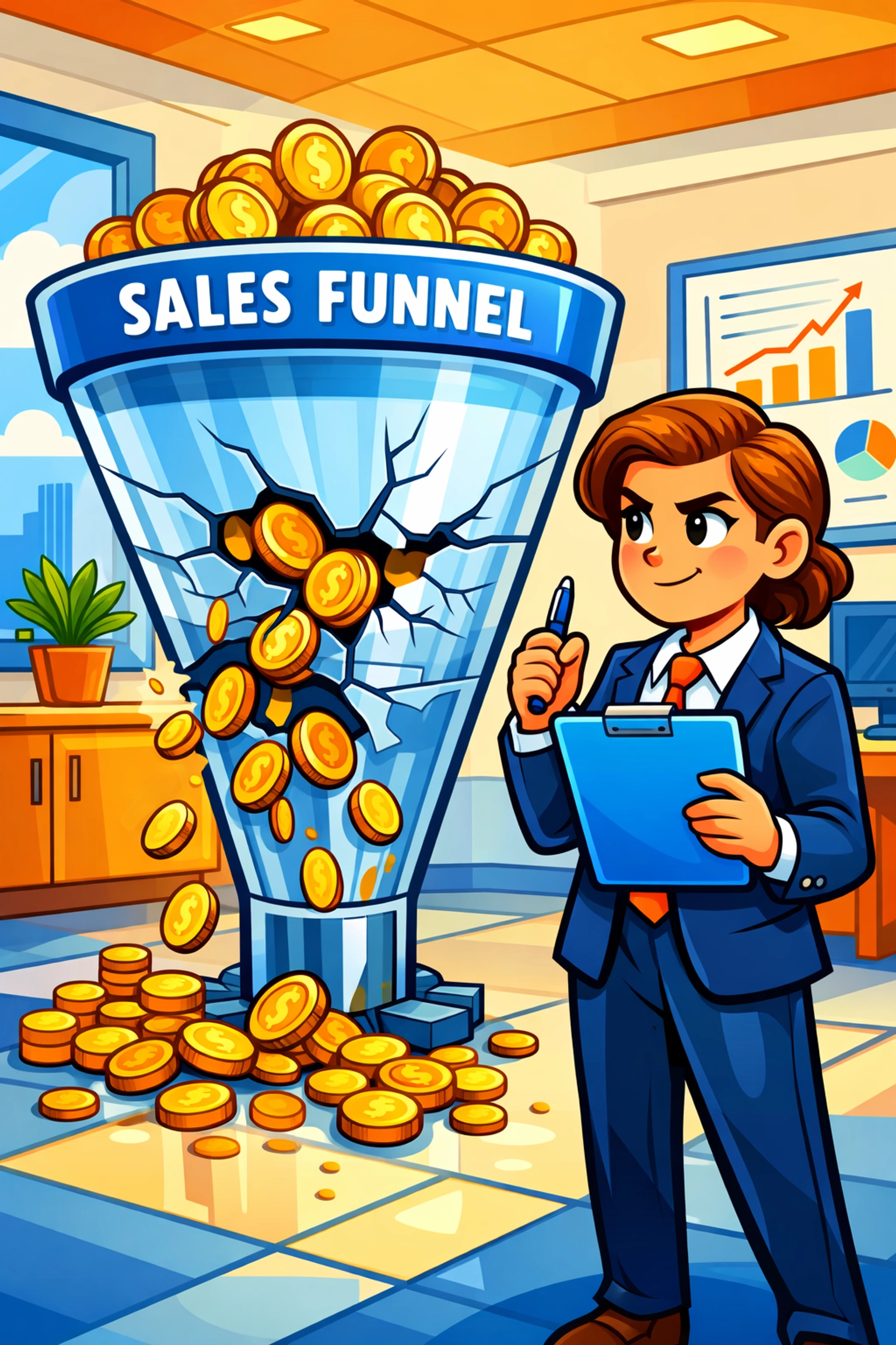 Illustration of an SME owner observing a cracked sales funnel where leads are leaking out.