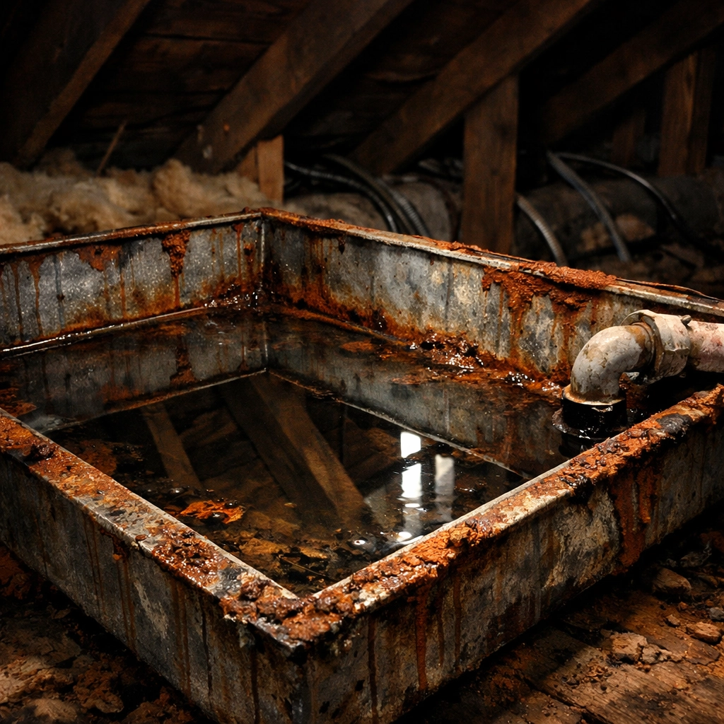 Rusted and leaking metal AC drain pan in an attic causing an ac leaking water problem.