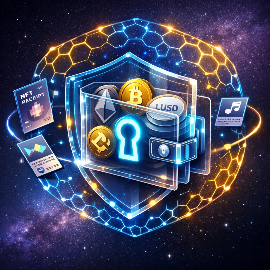 Self-custody crypto wallet with LUSD stablecoins and NFT receipt security