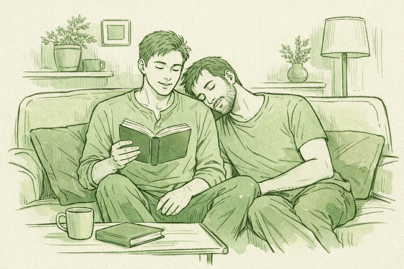 Illustration of two men reading a book together on a sofa, representing heartfelt MM fiction and domestic bliss.