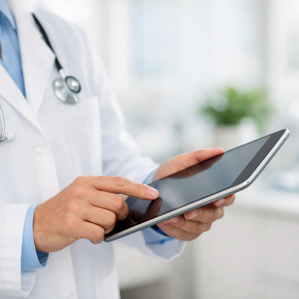 Healthcare provider reviewing patient eligibility for Wegovy alternatives on a digital tablet in a clinic.