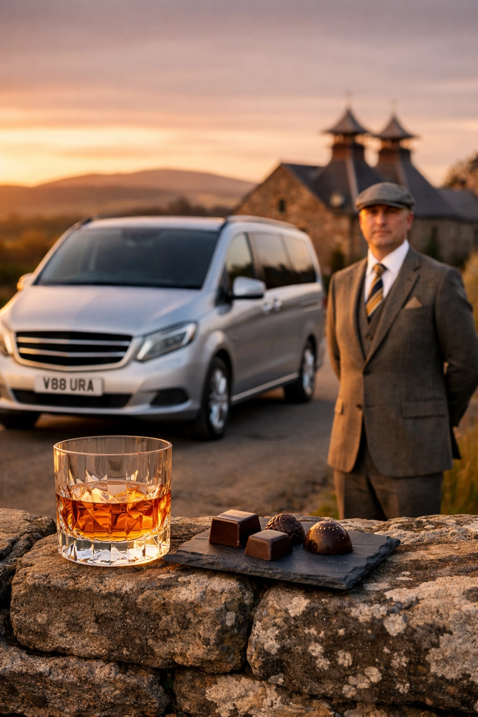 Scottish chauffeur tours Edinburgh: silver Mercedes V-Class and whisky pairing at a Highland distillery.