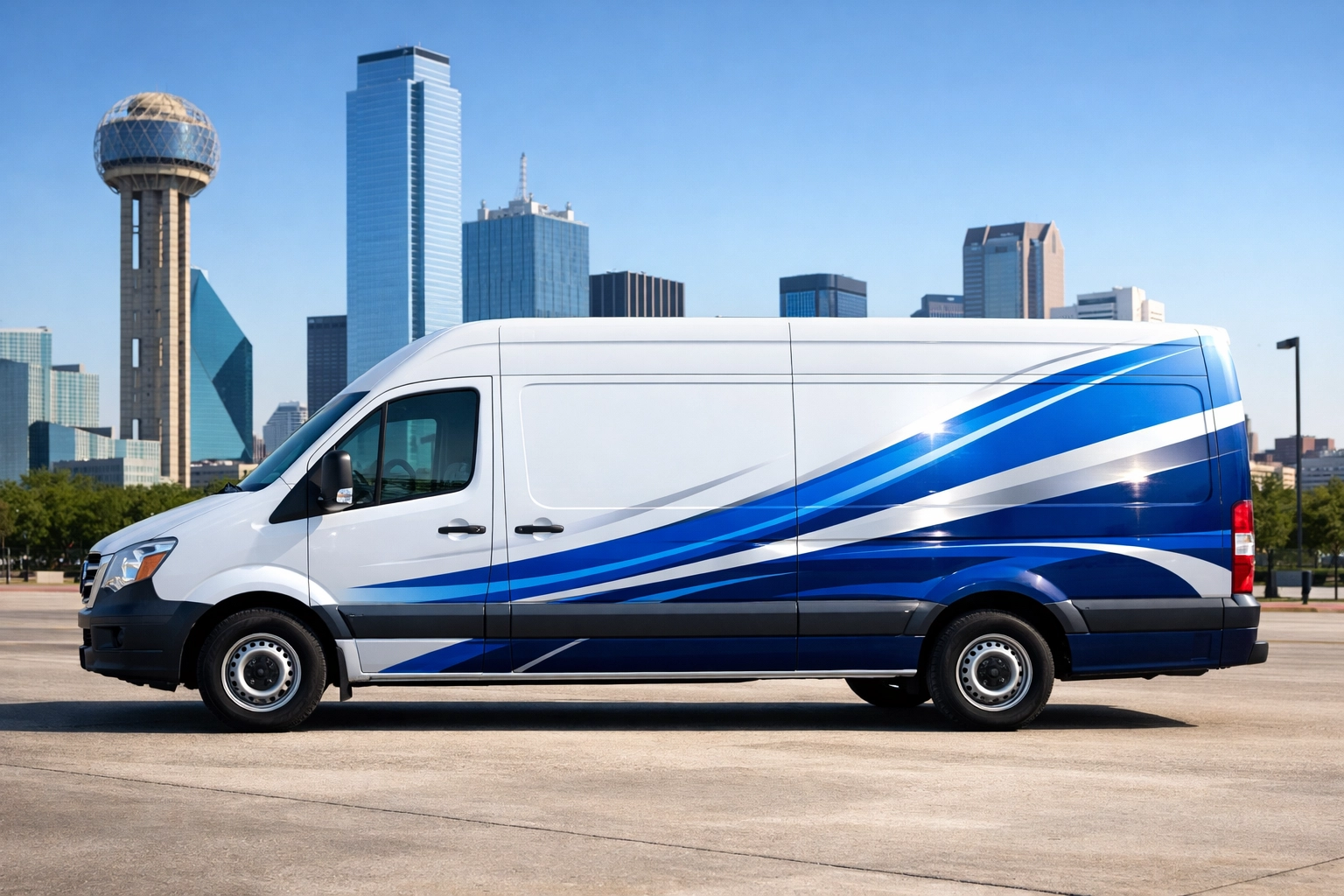 White commercial van with a professional partial vinyl decal wrap for mobile advertising in Dallas.