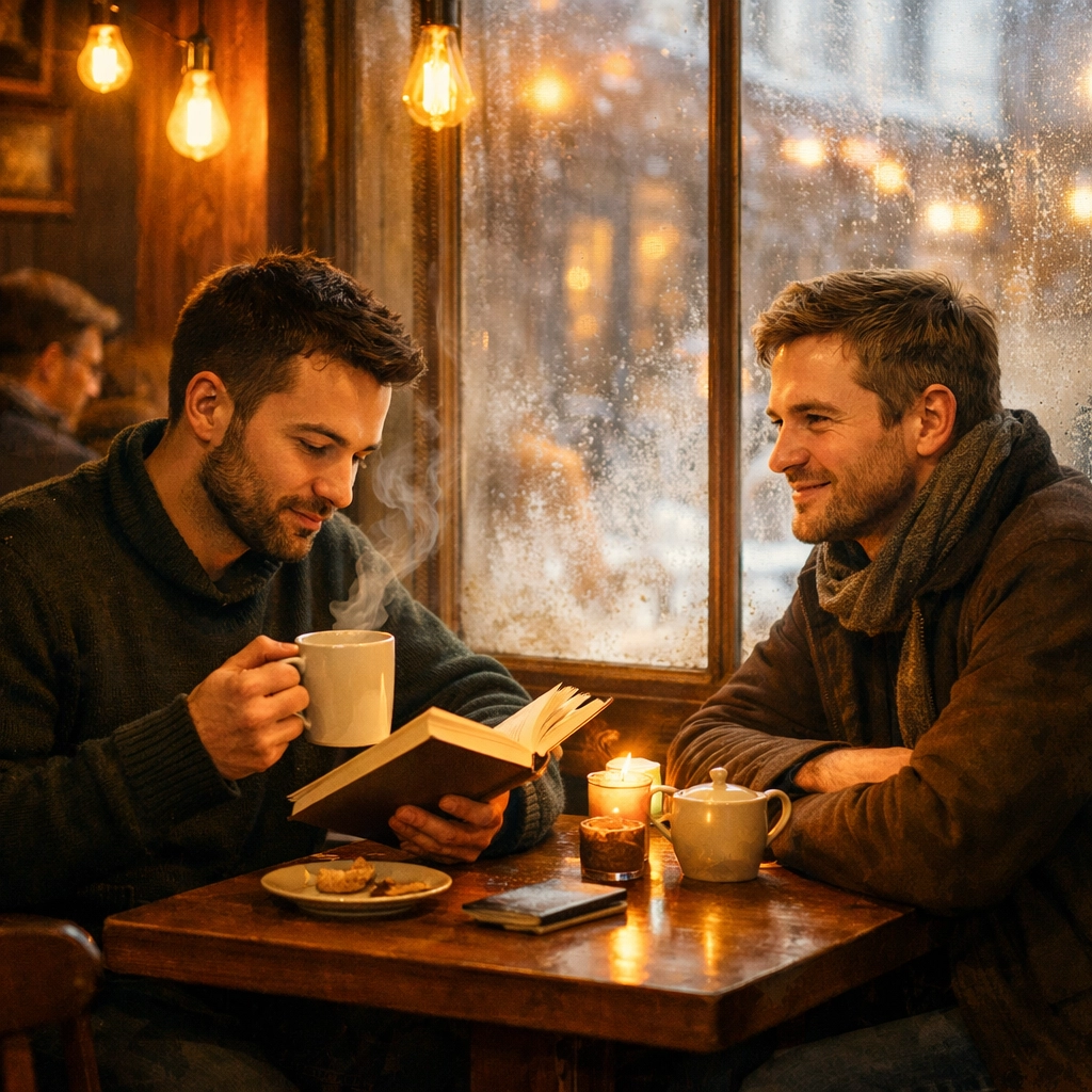 Gay men relaxing in cozy European café during winter travel