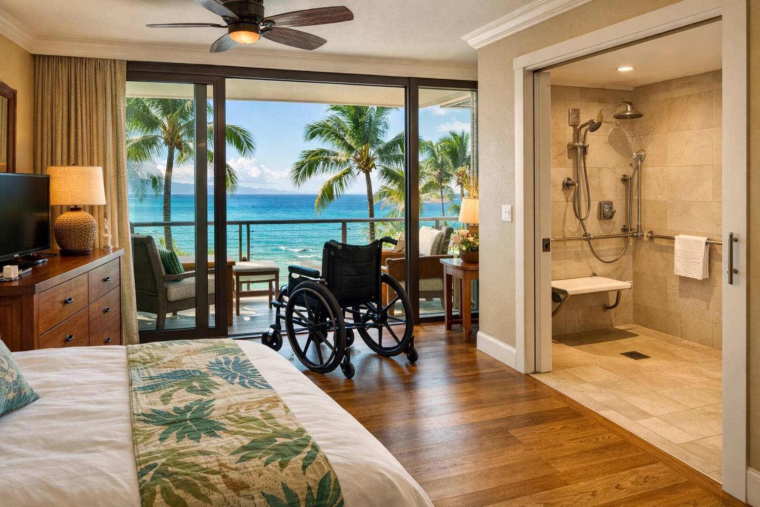 Accessible Hawaii resort room with ocean view and roll-in shower for wheelchair users