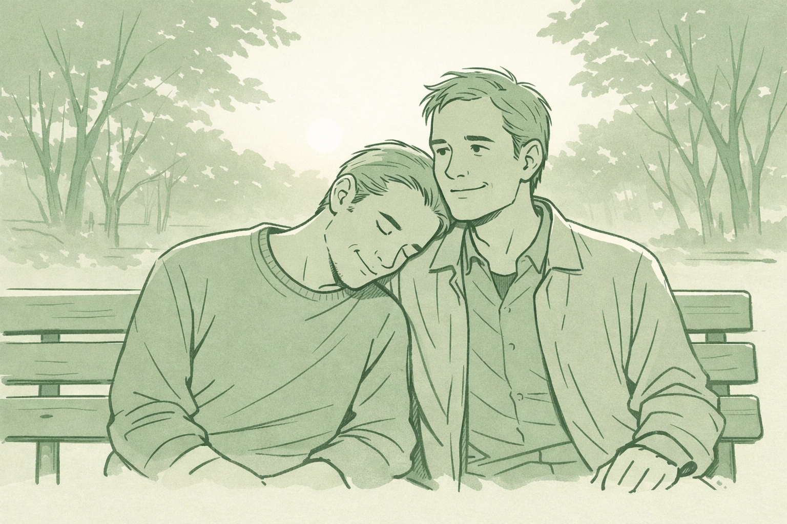 Two men in their 40s sharing an intimate moment on a park bench - late bloomer gay romance