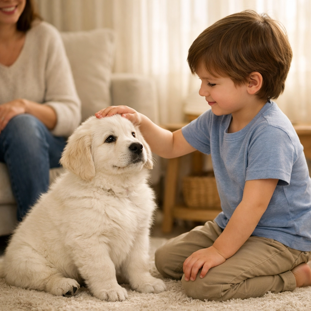 English Cream Golden Retriever puppy calmly interacting with child during therapy dog training
