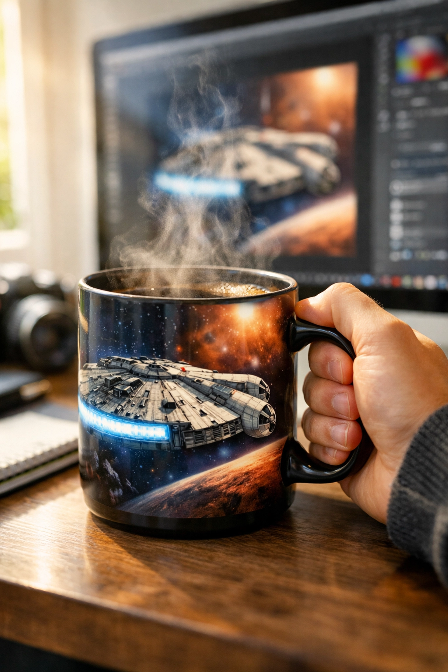 Someone enjoying a drink from a durable movie themed mug with a starship design in a modern workspace.