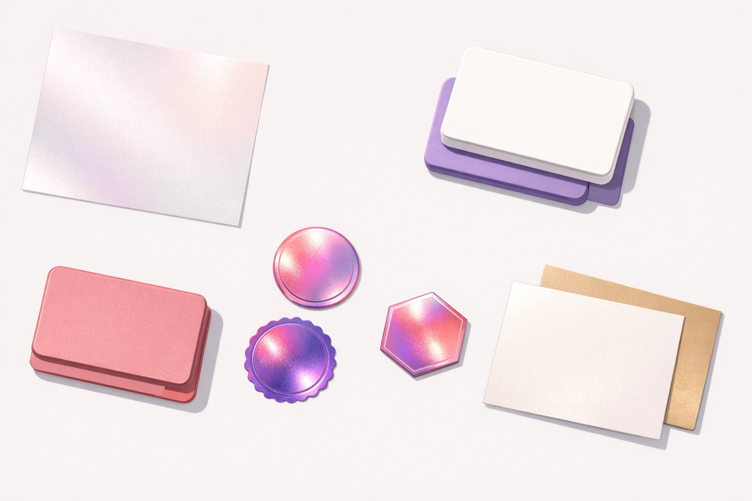 Premium finishing materials including holographic seals and metallic paper for photo booth trading cards