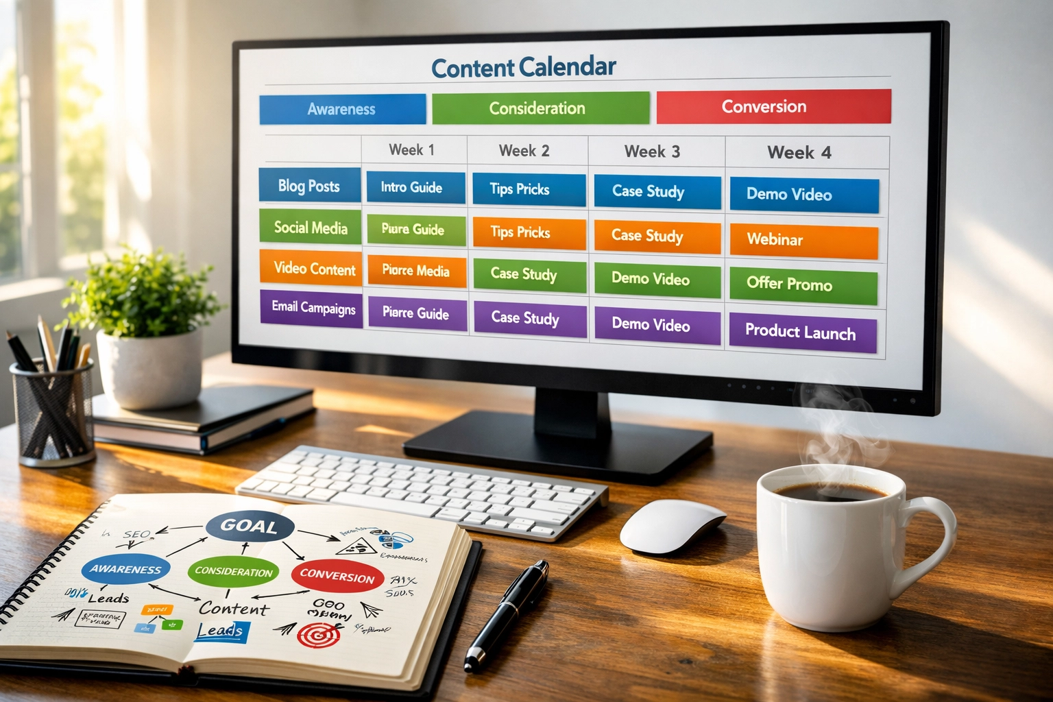 Organized workspace with color-coded content calendar displaying strategic social media planning system