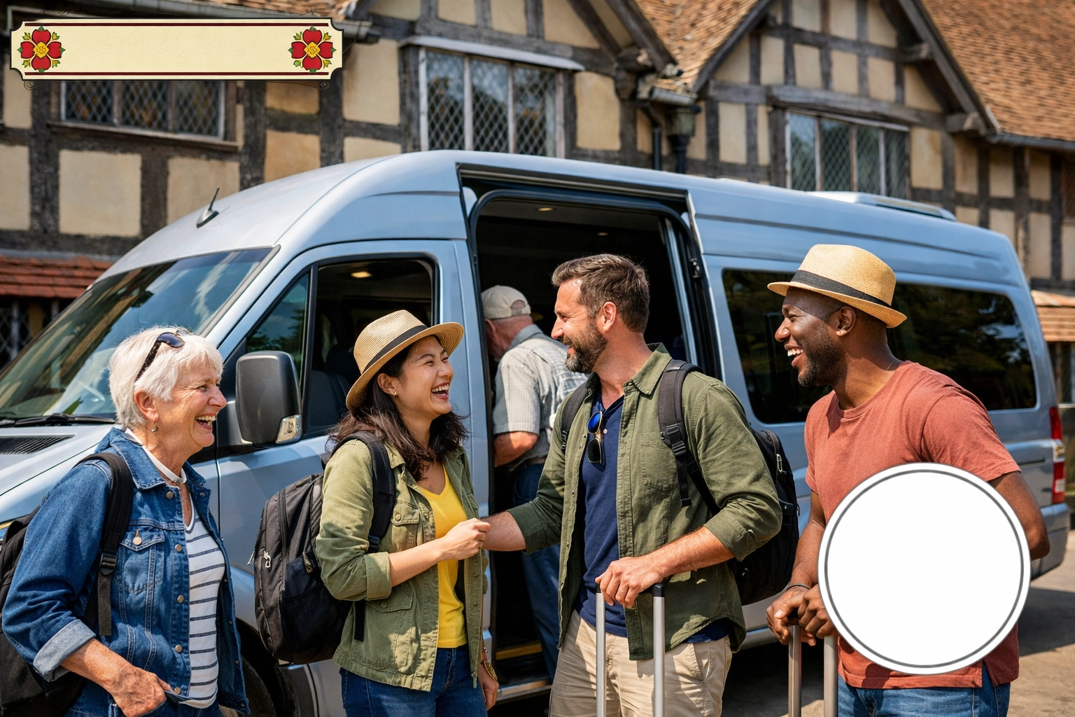Tourists boarding a Shakespeare Coaches Mercedes minibus by Tudor buildings in Stratford.