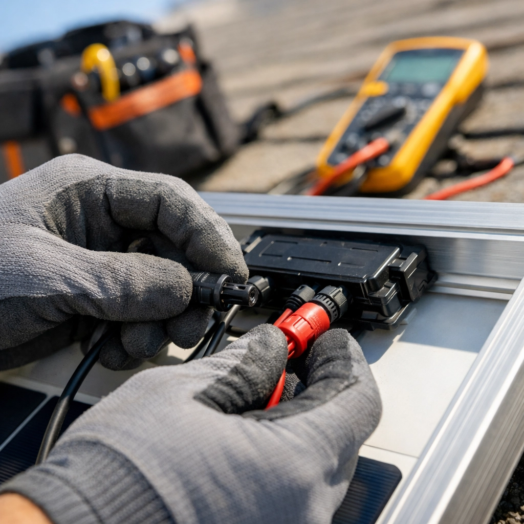 MCS-approved solar installer securing high-quality electrical components on a Hampshire rooftop.