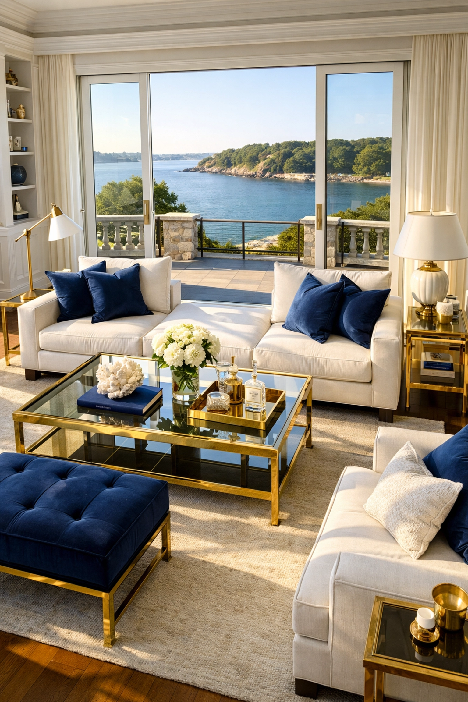 Pristine luxury living room in a Hingham coastal estate featuring salt-free surfaces and polished brass.