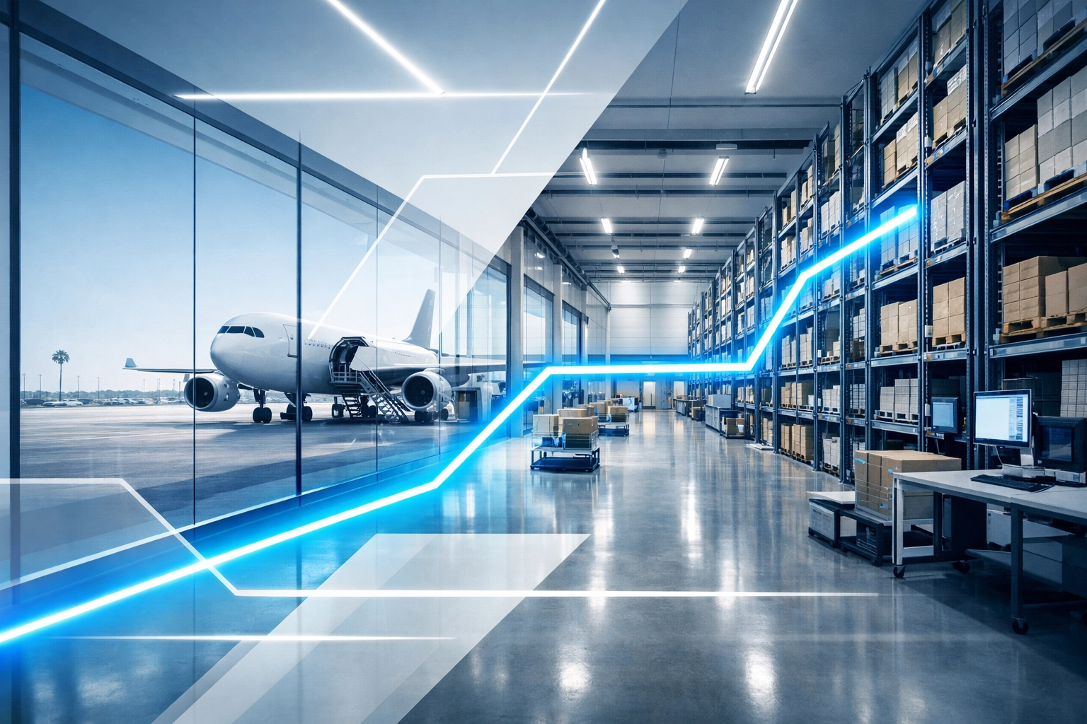 Modern Florida warehouse and 3PL fulfillment center with a cargo plane on the tarmac for fast logistics.