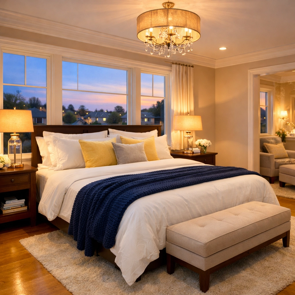 Expert luxury house cleaning in Newton MA results in a beautifully styled and clean master bedroom.