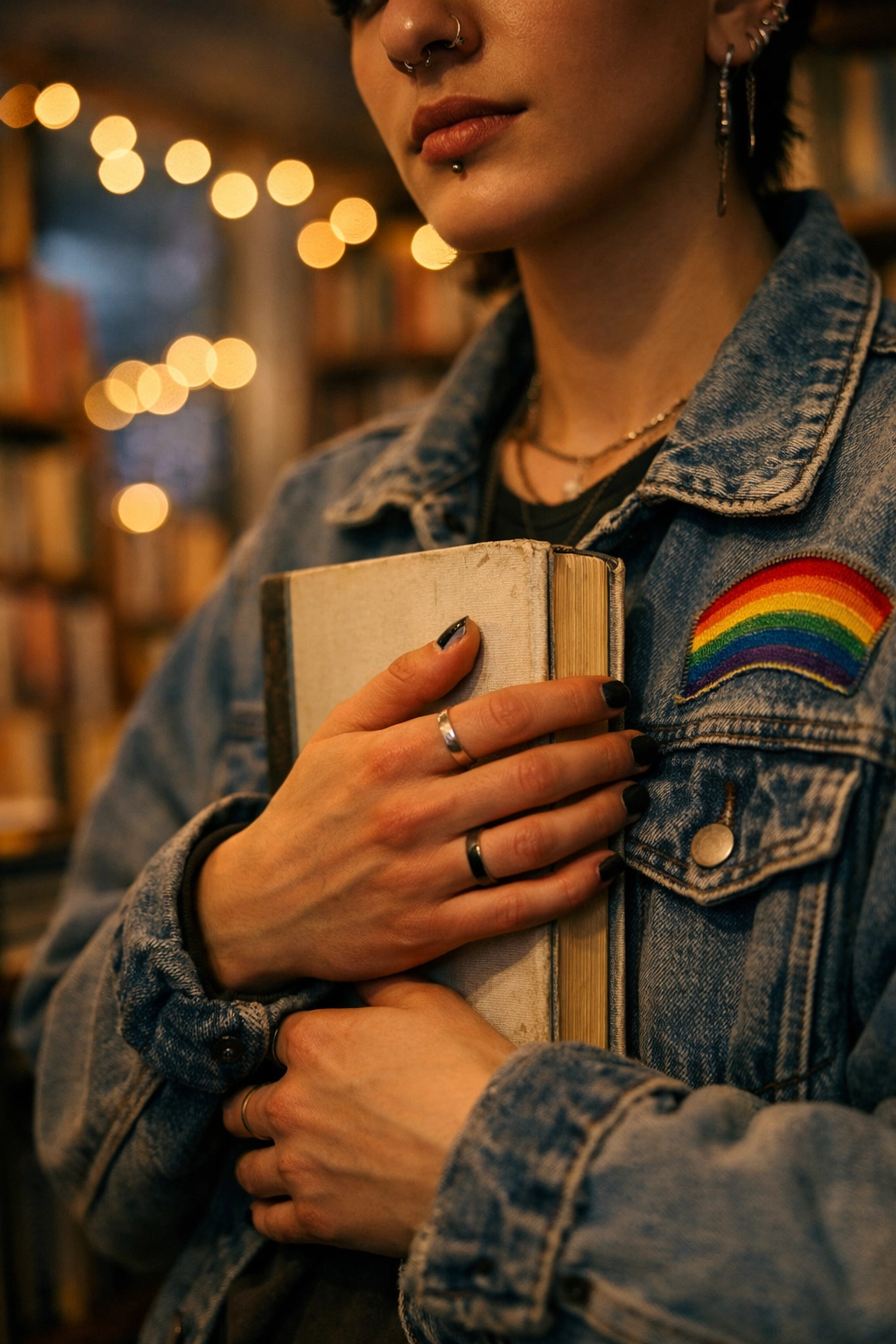 Non-binary writer holding a book close, representing the pride of publishing LGBTQ+ literature.