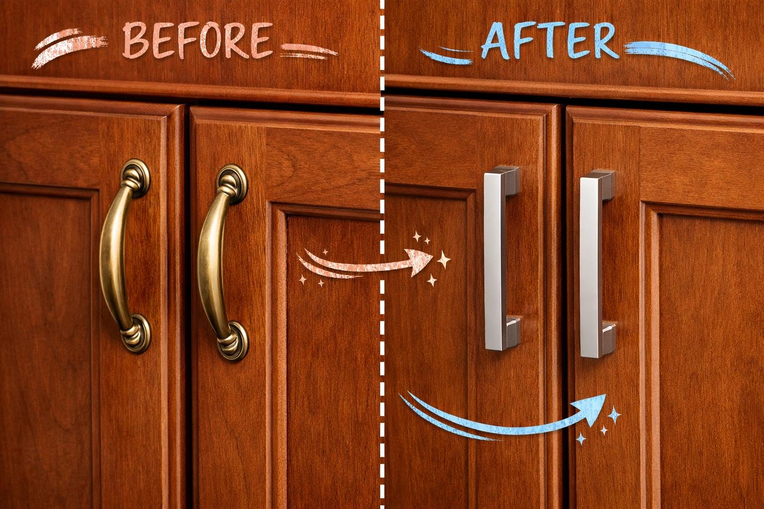 Before and after cabinet hardware upgrade from brass to brushed nickel pulls