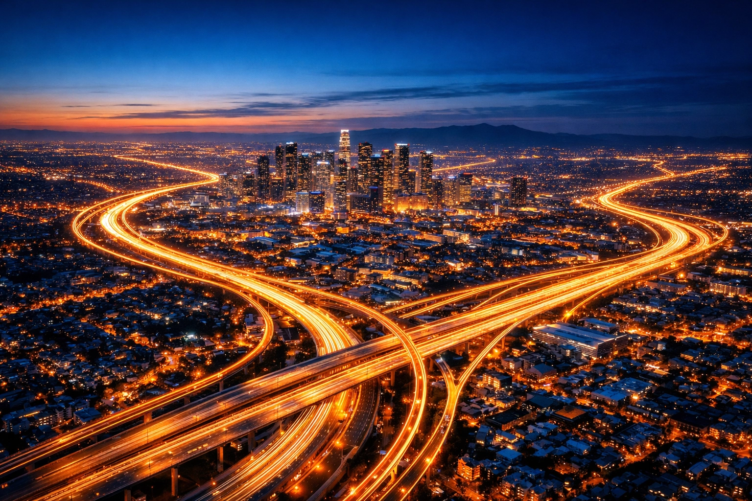 Aerial view of an interconnected national talent network across a modern American city infrastructure.