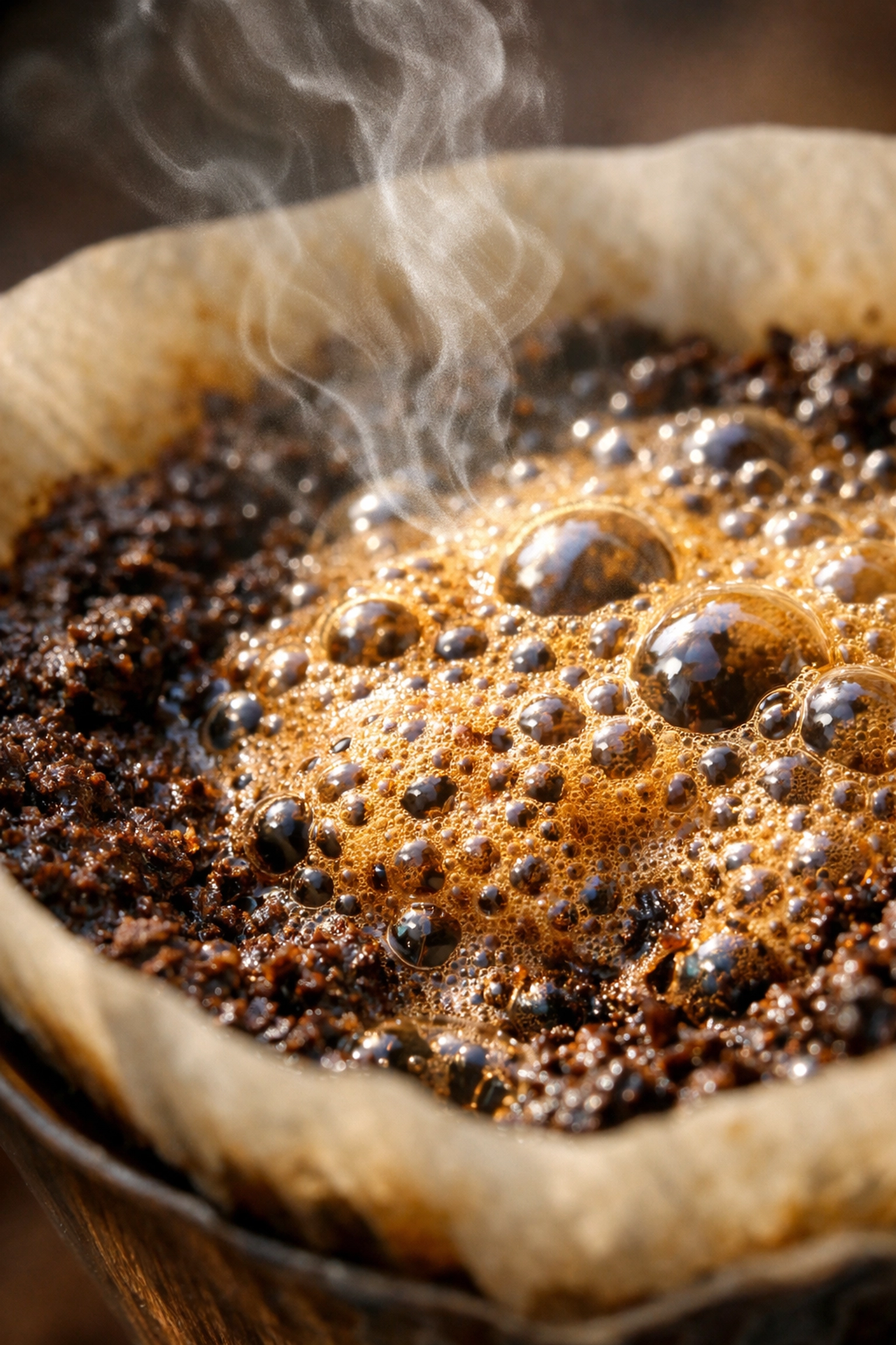 Macro shot of fresh coffee grounds blooming in a filter, releasing carbon dioxide during brewing.