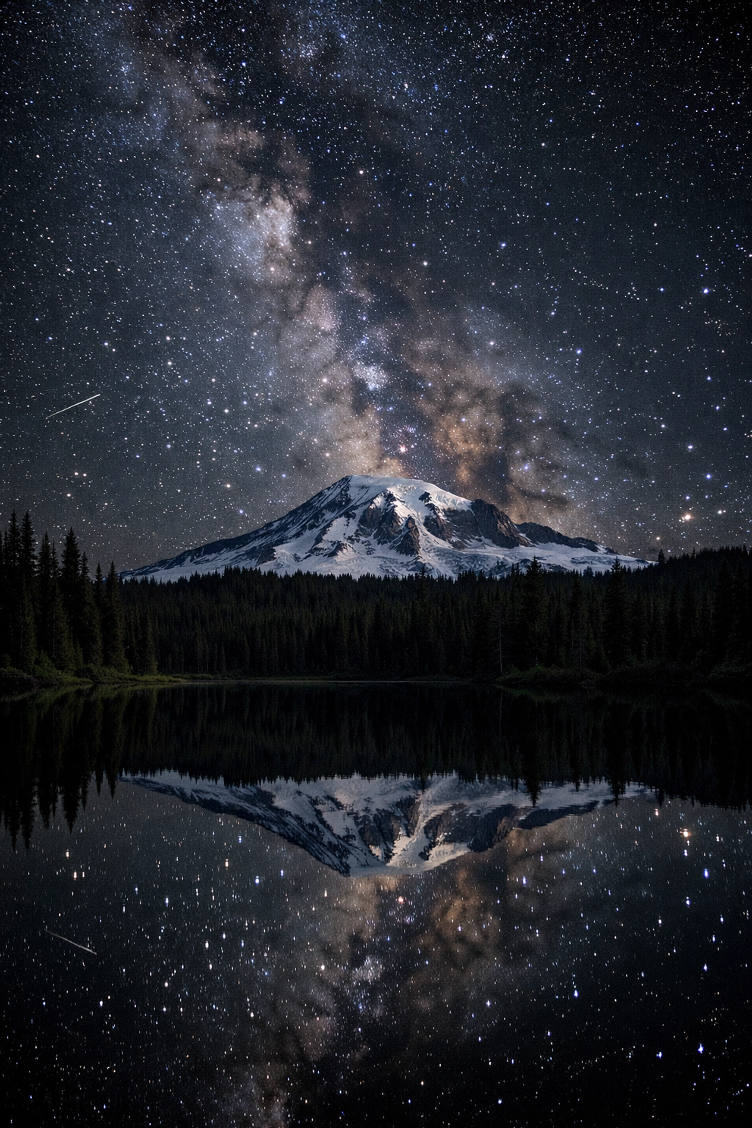 Milky Way stars over Mount Rainier reflected in water, highlighting prime national park photography locations.